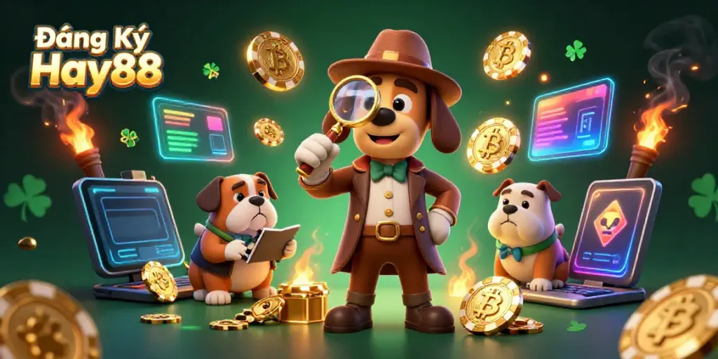 Experience the excitement of Đăng Ký Hay88 with a cartoon detective uncovering secrets of the casino world.
