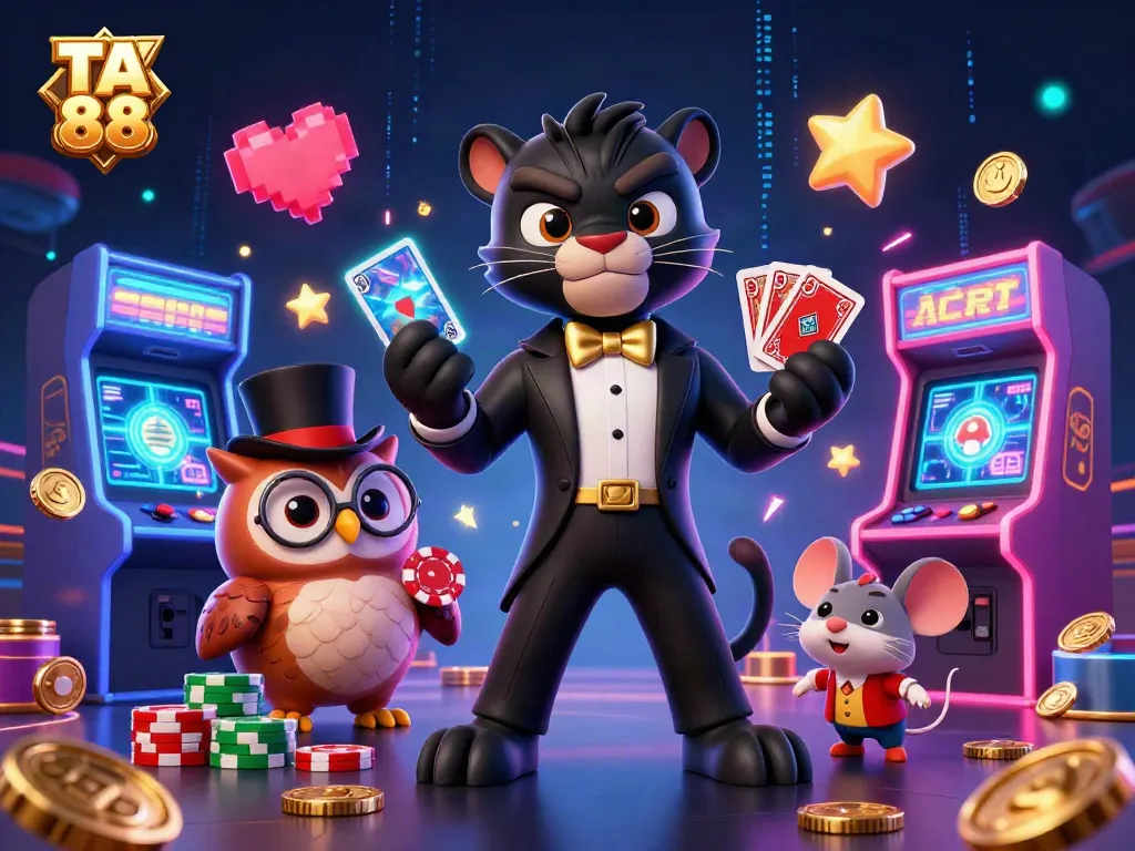 TA 88 features a stylish panther dealing cards in a dynamic casino scene filled with vibrant game elements.
