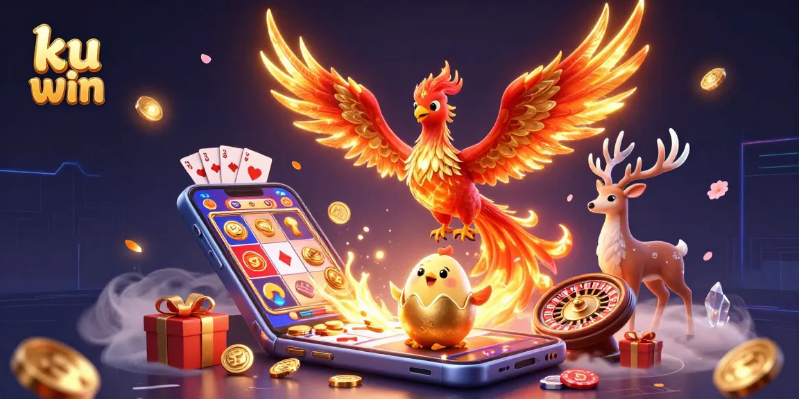 Engage with ku win's thrilling world of casino games featuring a flaming phoenix, golden coins, and mystical elements.