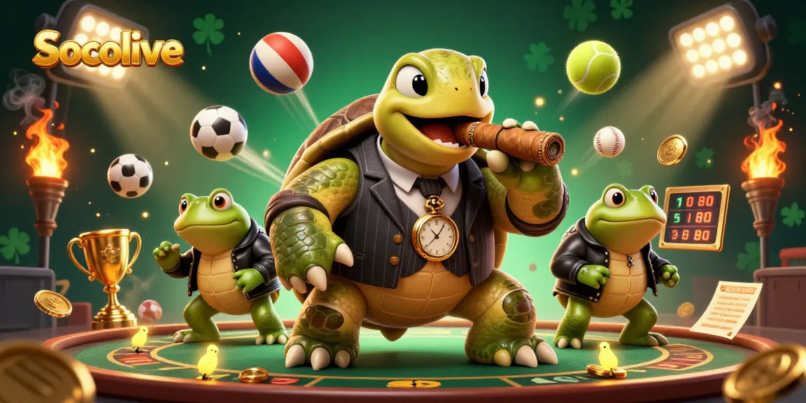 Socolive captures the thrill of sports betting with a vibrant turtle mobster and bullfrog enforcers.
