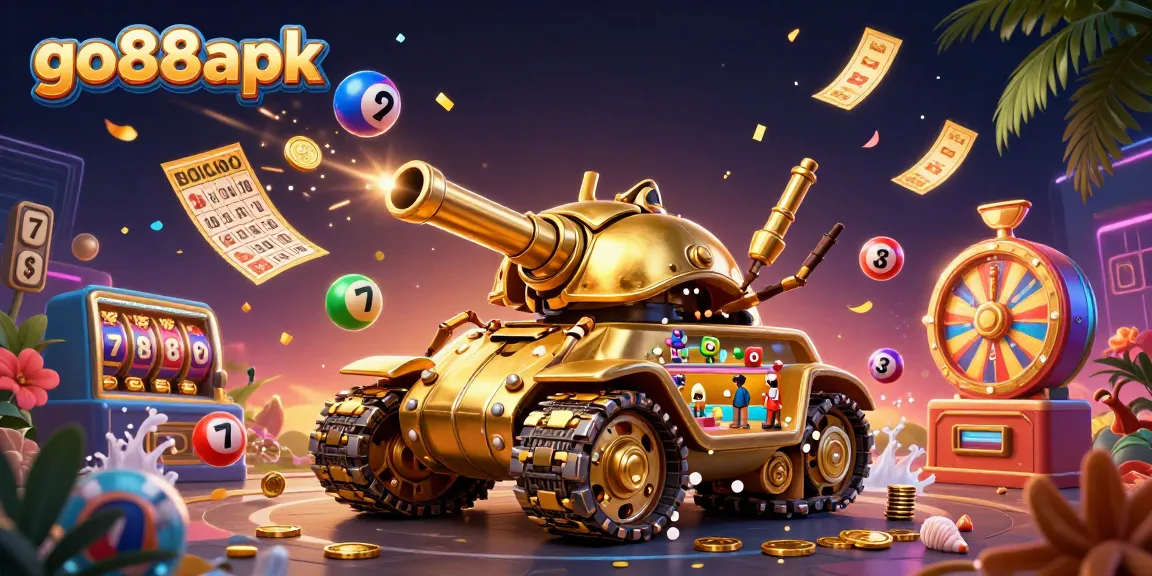 Engage with go88apk's colorful gaming experience featuring a massive golden beetle tank mini-casino.