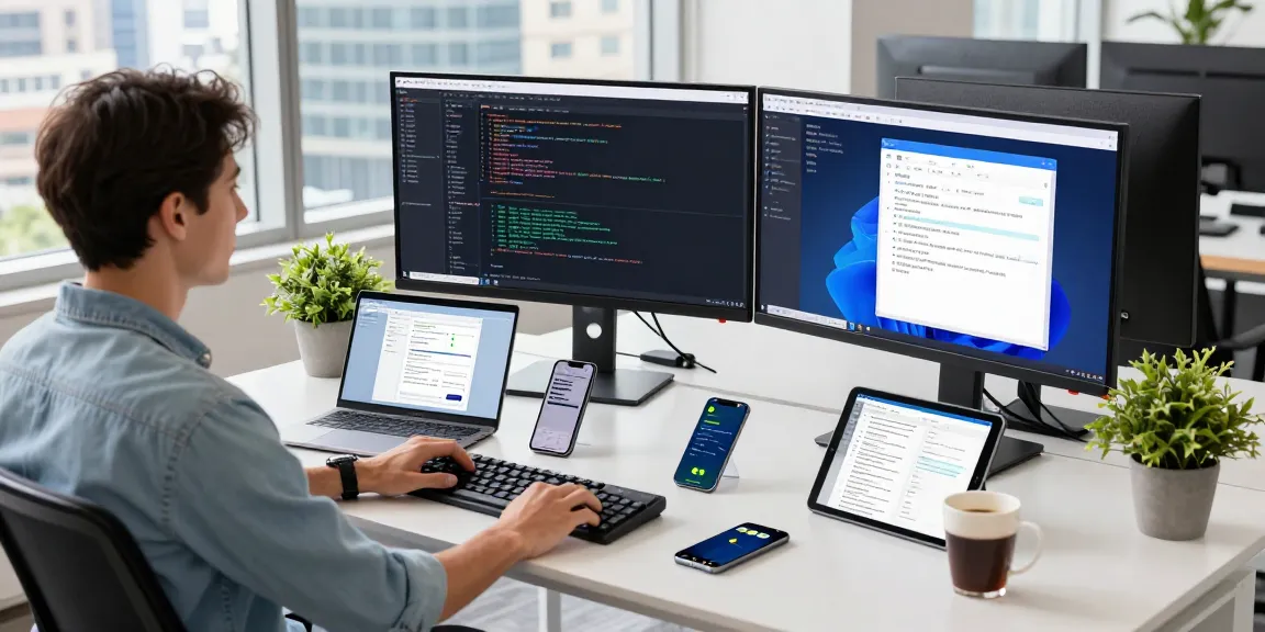 WhatsApp下載 and installation guide in a modern software development workspace with coding screens and tech gadgets.