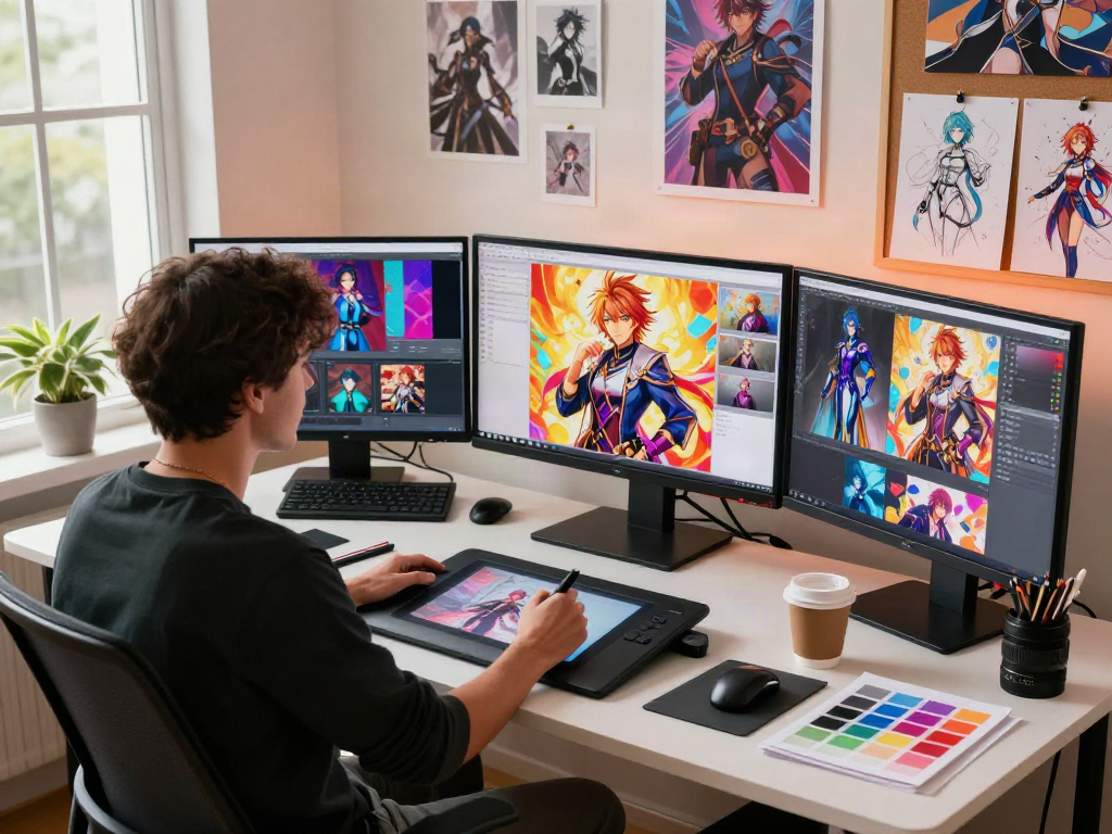 Creative artist designing a hentai game character in a vibrant digital studio.