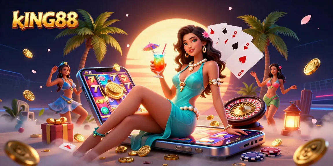 Experience the vibrant gaming atmosphere at kING88 with dynamic slot reels and winning prizes.