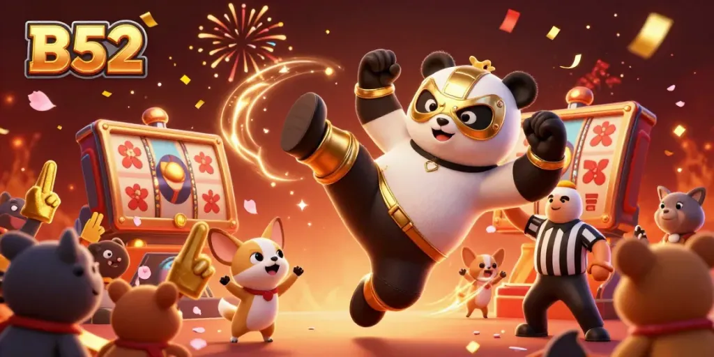 B52 platform showcases vibrant gaming action with wrestler panda kicking while spectators cheer.