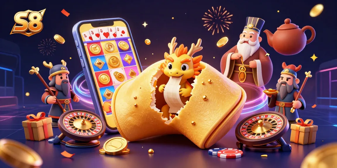 S8 promotional illustration with fortune cookie and dragon, featuring vibrant gambling elements.