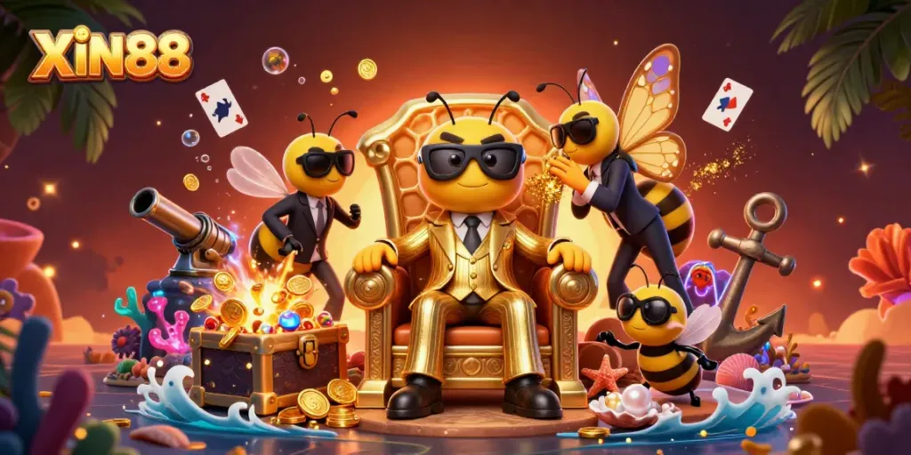 Engage with XIN88's immersive gaming experience, featuring dynamic bumblebee mob boss character in rich casino-themed scene.
