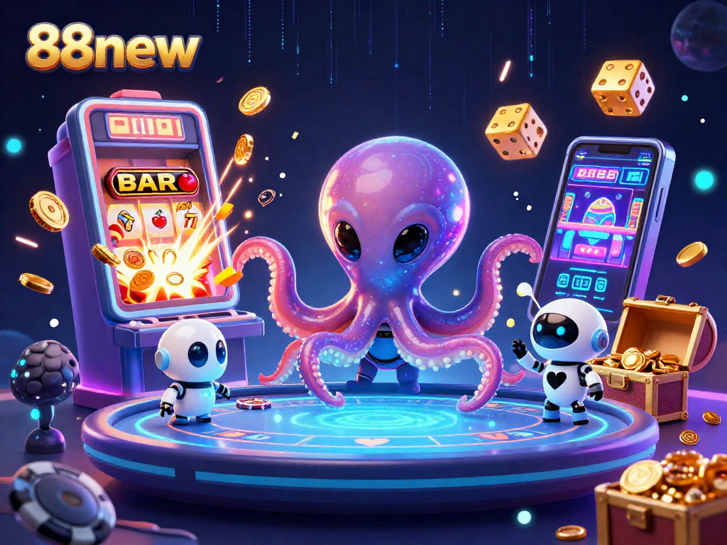 Engage with 88new's thrilling online gaming universe featuring an alien octopus and vibrant casino action.