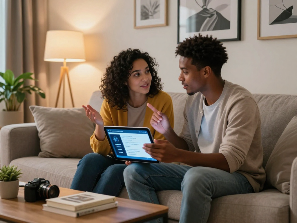 Couple using AI sex technology to enhance their relationship in a cozy living room.