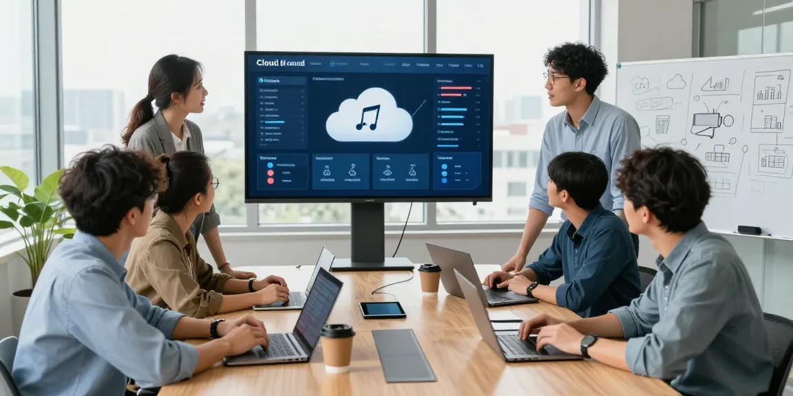 Team collaborating on a cloud based phone system project in a modern office, showcasing teamwork and innovation.