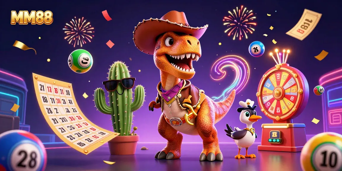 Experience thrilling games at MM88 with a cowboy dinosaur and vibrant lottery elements.