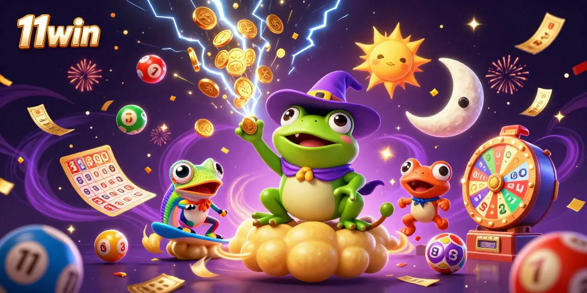 11win magic unfolds as a wizard frog conjures golden coins amidst lottery excitement and vibrant game elements.