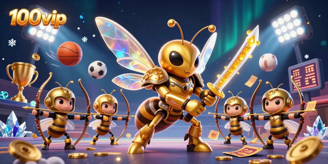 Join the vibrant action at 100vip, featuring a whimsical samurai hornet amidst dynamic sports betting elements.