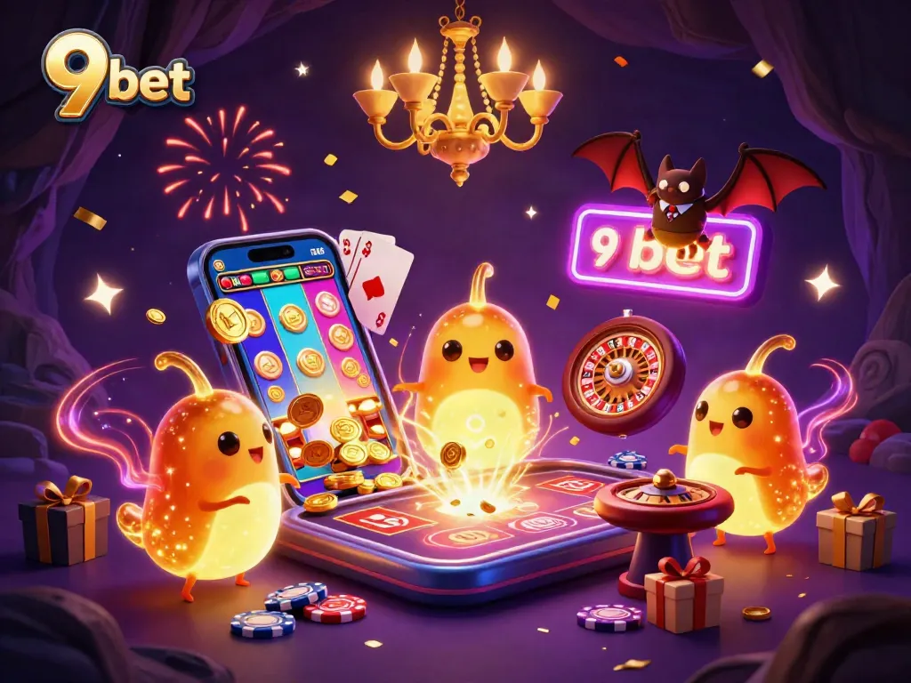 Experience exciting gameplay at 9 bet casino with colorful slot games, charming glowworms, and a whimsical bat dealer.