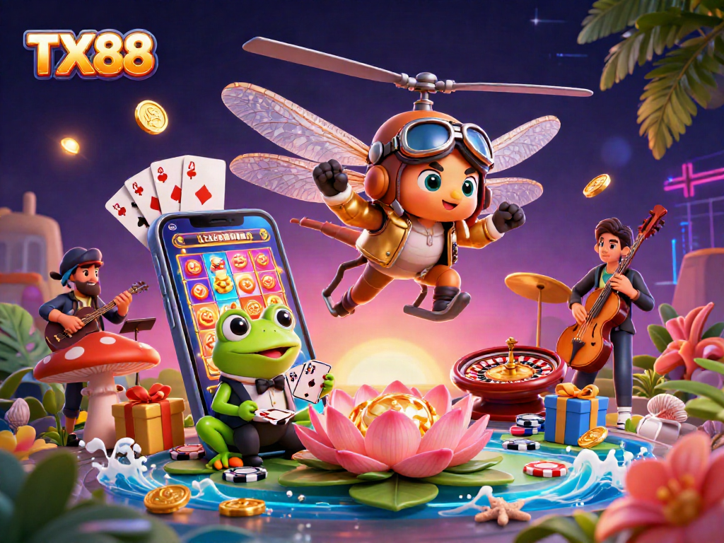 TX88 captivates players with a vibrant 3D casino scene featuring a dragonfly pilot and a frog croupier.