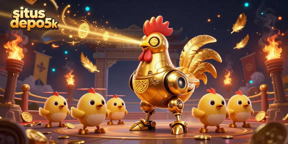 Engage in situs depo 5k excitement with a golden rooster robot and baby chick drones in a vibrant arena.