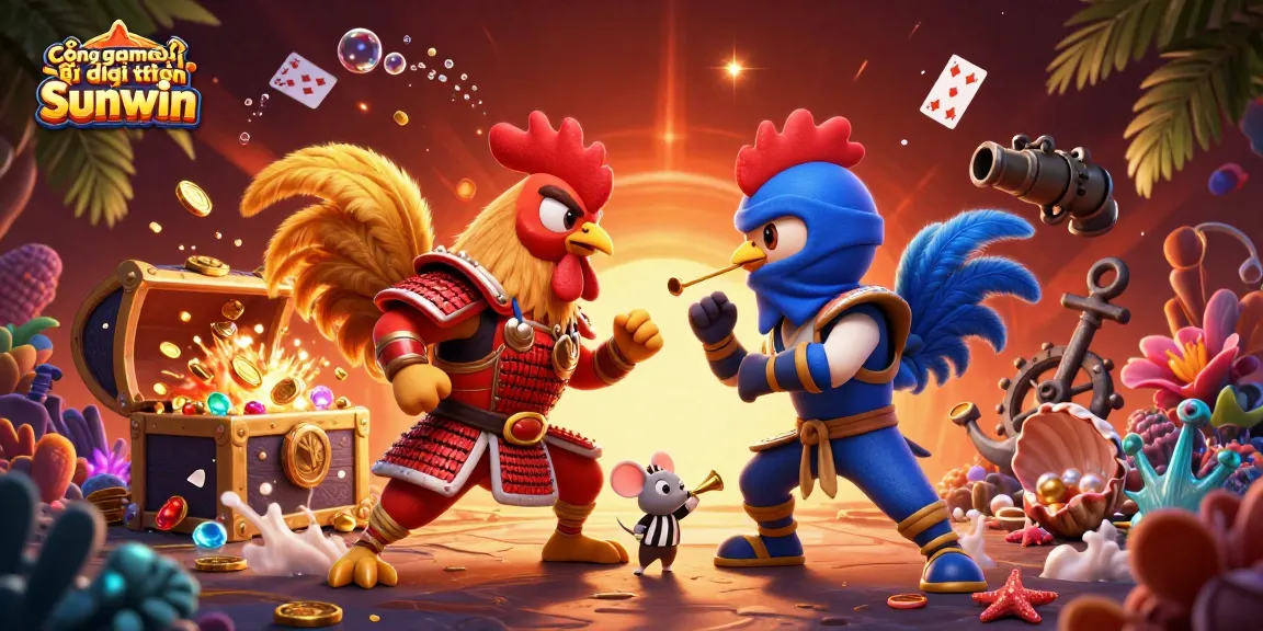 Engage with the Cổng game bài đổi thưởng Sunwin in a dynamic 3D illustration featuring thrilling cartoon roosters.