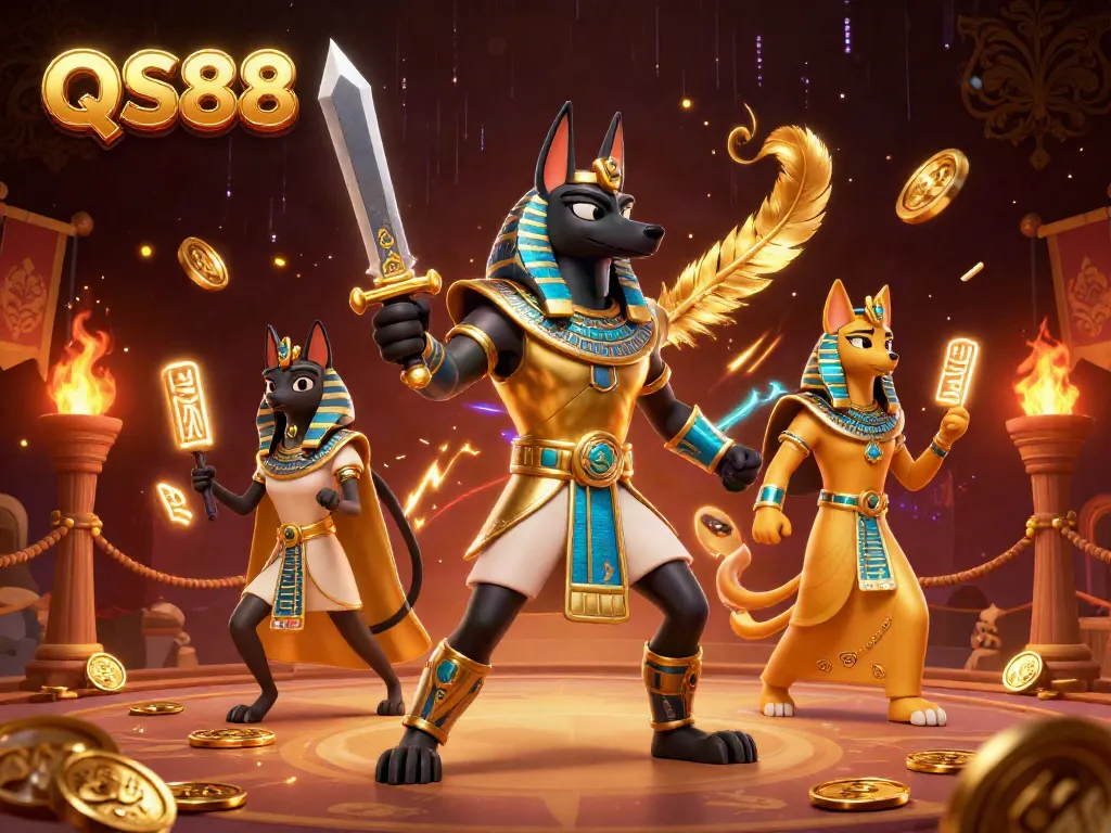 Experience the excitement of QS88 with Anubis and Bastet in a lavish casino setting.