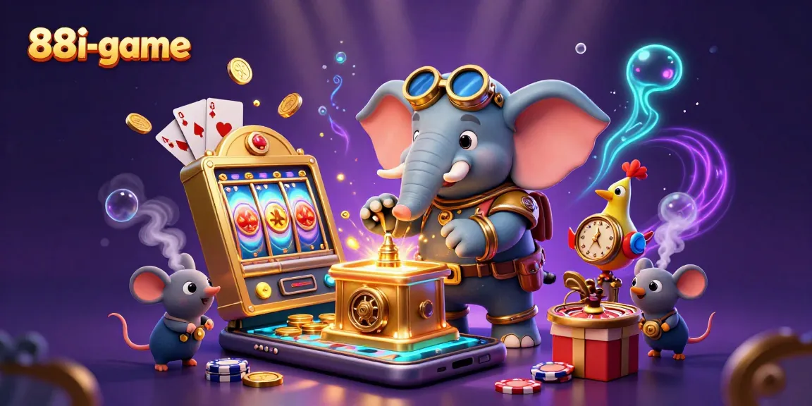 88i-game showcases a vibrant casino scene with a steampunk elephant spinning reels and golden coins.