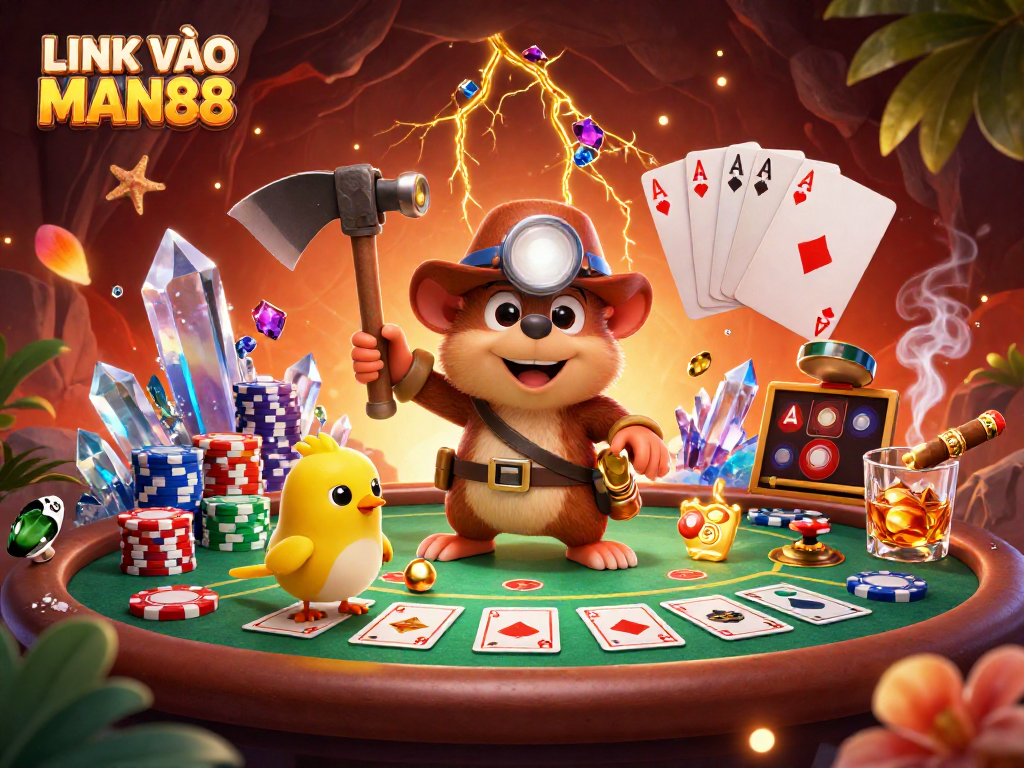 Engage with LINK VÀO MAN88, a vibrant 3D illustration of a treasure hunter mole in a dynamic casino scene.