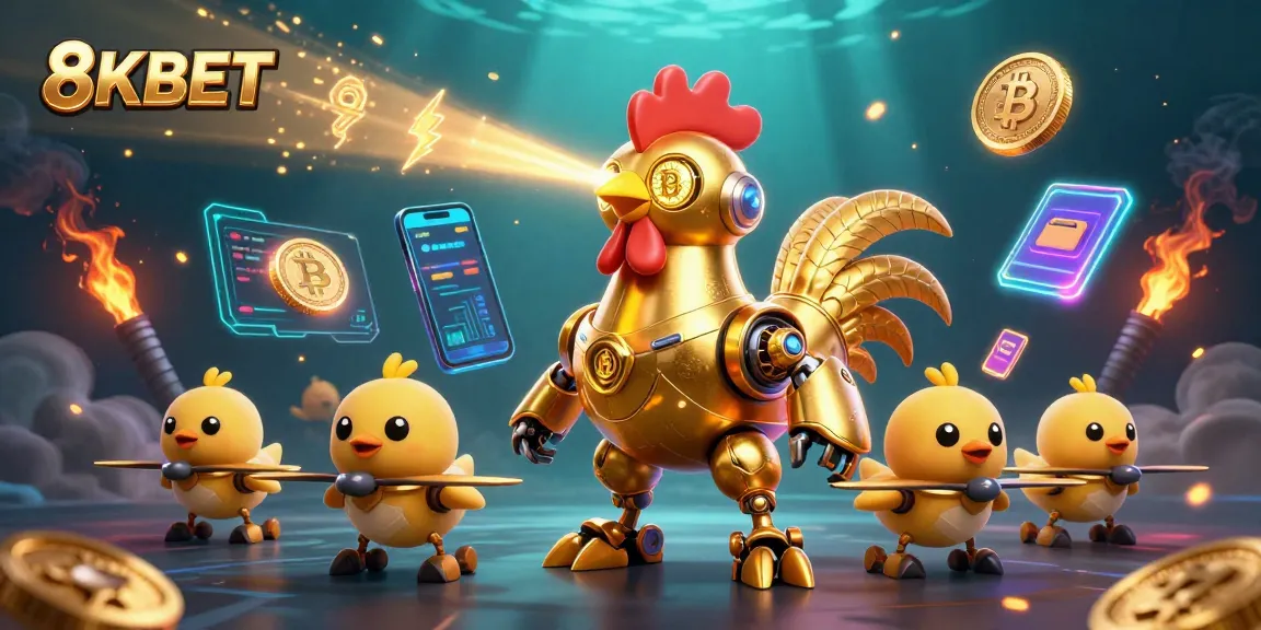 Experience the thrill of 8KBET betting under a dynamic scene featuring a futuristic golden rooster robot amidst crypto symbols.