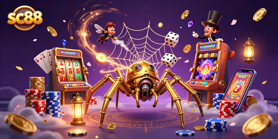 Play exciting casino games on sc88 with a playful steampunk spider and golden tokens.