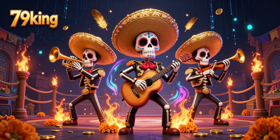 Experience thrilling gameplay with 79king; colorful skeleton mariachi band in a vibrant casino scene.