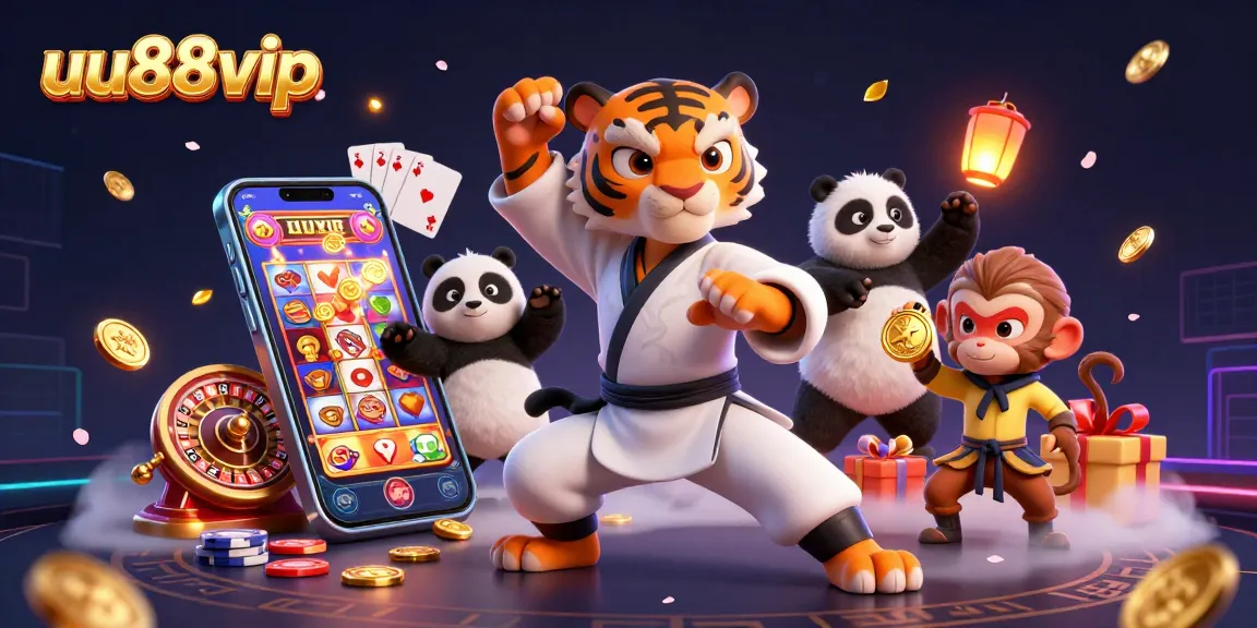 Engage in thrilling online gambling with uu88vip's vibrant casino scene featuring a kung fu tiger, panda, and monkey.