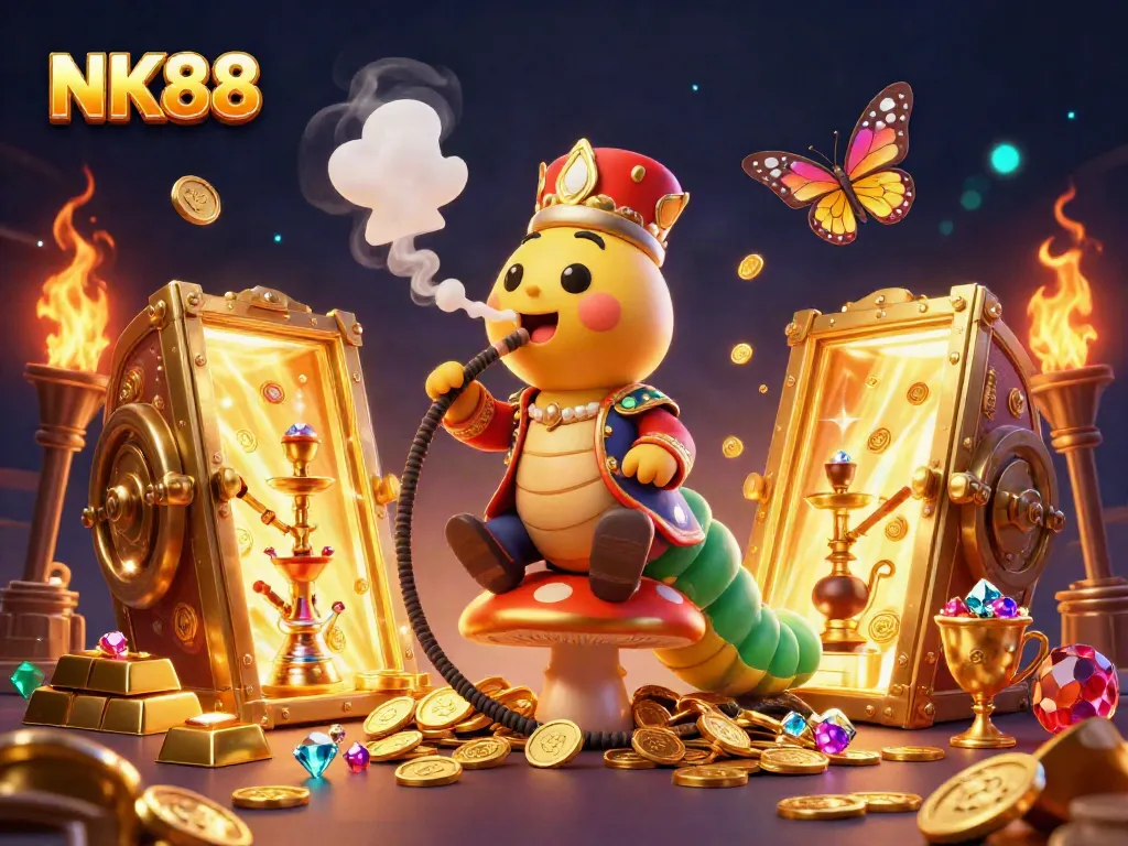 Navigating NK88's vibrant casino scene with a sultan caterpillar and golden treasures.
