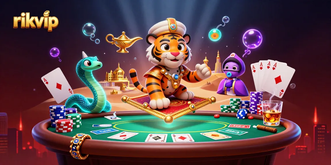 Experience exciting gambling adventures with rikvip in a vibrant casino illustration featuring dynamic characters and elements.