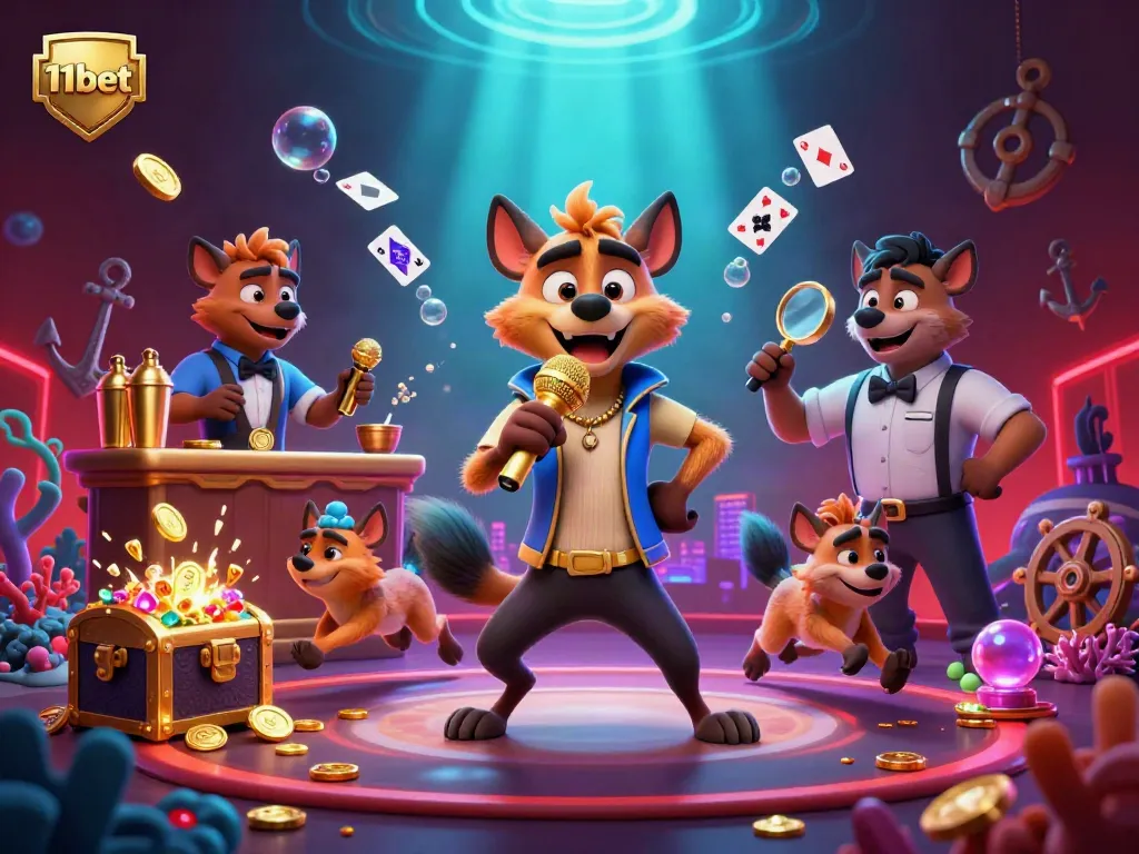 11bet showcases a lively casino scene with hyenas, a comedic atmosphere, and vibrant game elements.
