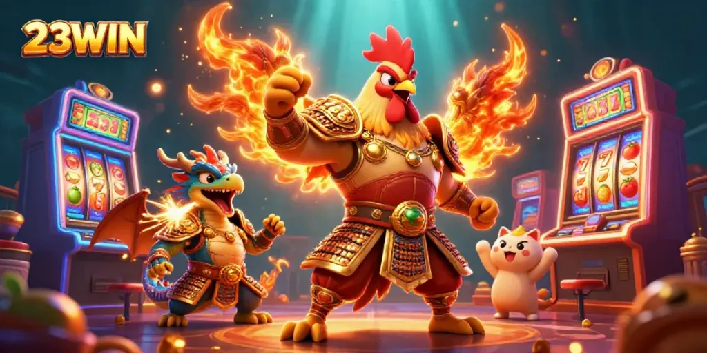 Experience thrilling slots at 23WIN with a vibrant 3D casino illustration showcasing classic symbols and characters.