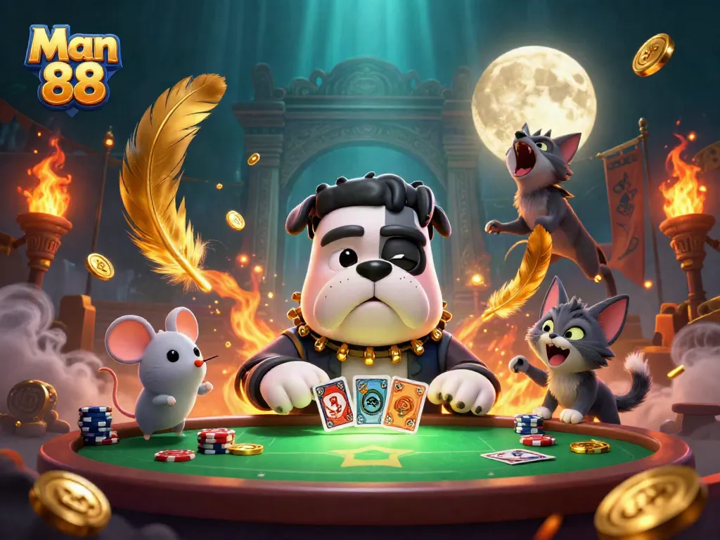 Experience thrilling gaming at Man 88, featuring a unique bulldog dealer and vibrant casino elements.