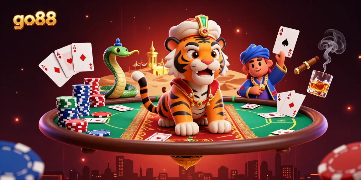 Experience the excitement of go88 with a vibrant 3D casino scene featuring poker elements.