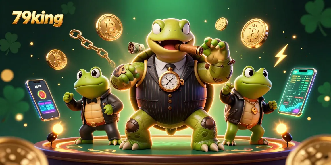 Experience 79king's vibrant casino energy through a dynamic illustration featuring blockchain elements and lively characters.