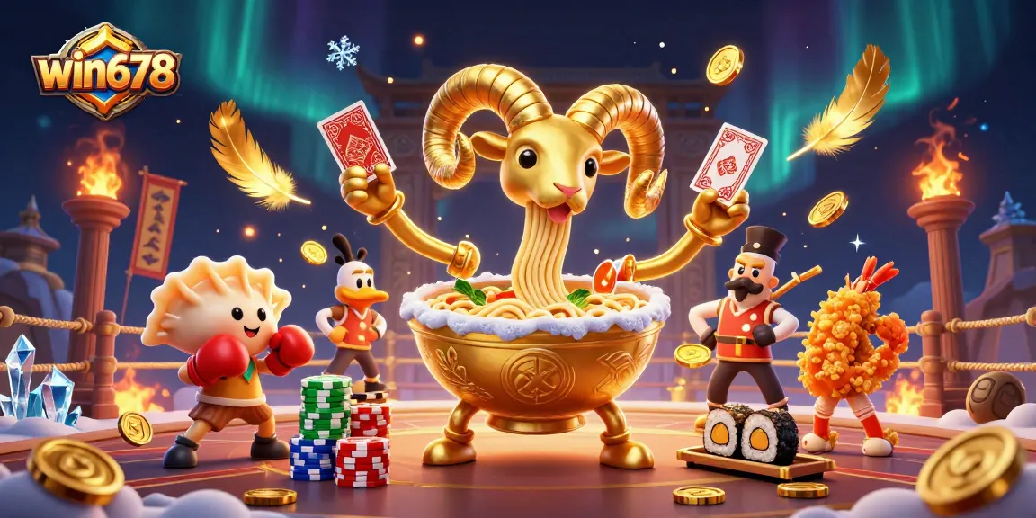 Experience win678 at a vibrant casino scene with cartoon characters celebrating and stacking chips.