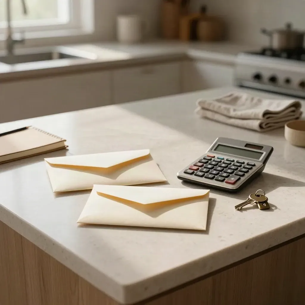 Kitchen island with loan quote envelopes, calculator, keys, and notebook in warm morning light.