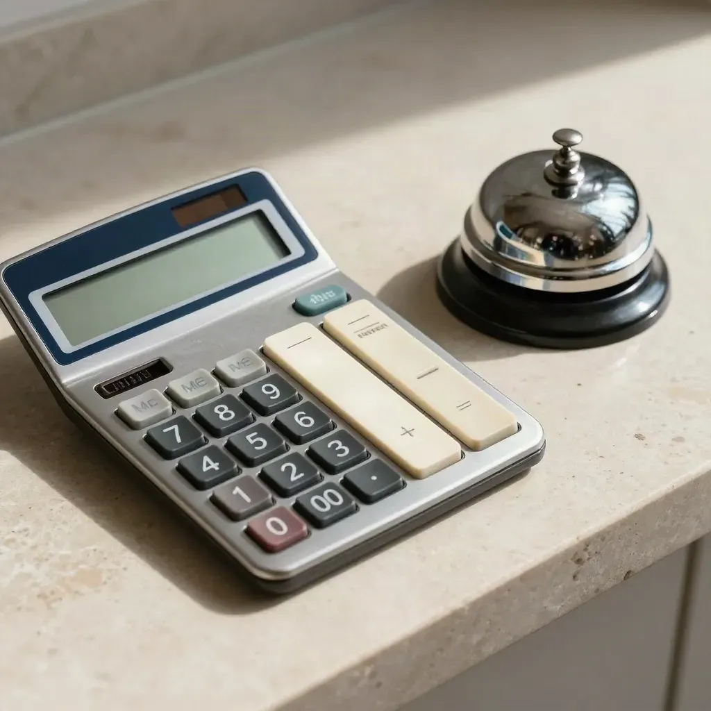 Top-down chrome calculator, blank rate tabs and desk bell on pale stone.