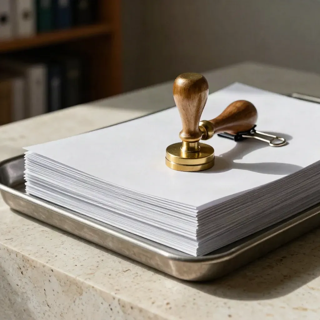 Binder clips and a brass stamp square blank file sleeves in a tray on travertine.