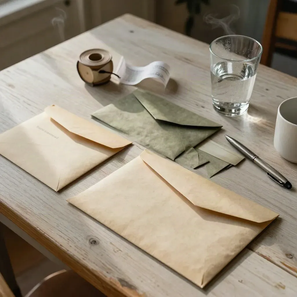 Top-down kitchen table with utility envelopes, receipt spool, water glass, and closed pen case in warm shadow.