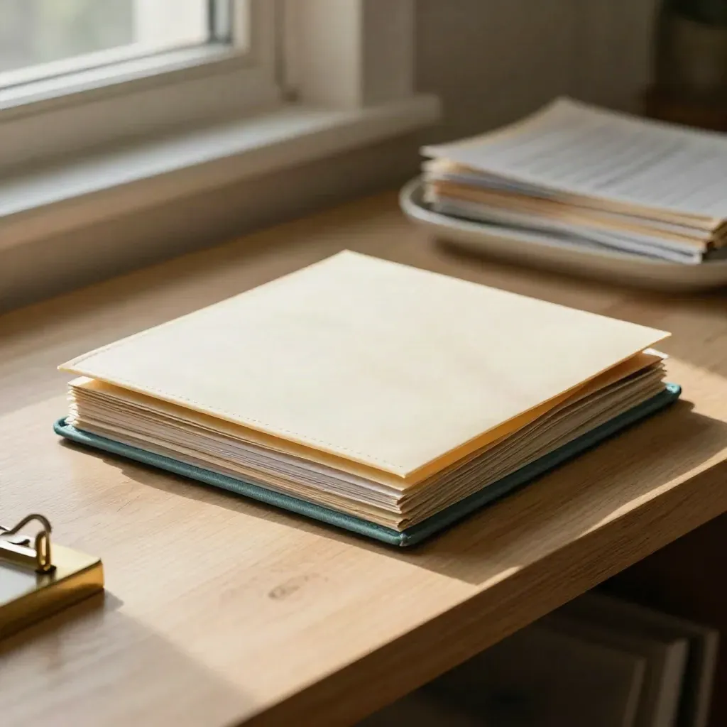 Slim payment folder with brass clip on pale timber in warm window light