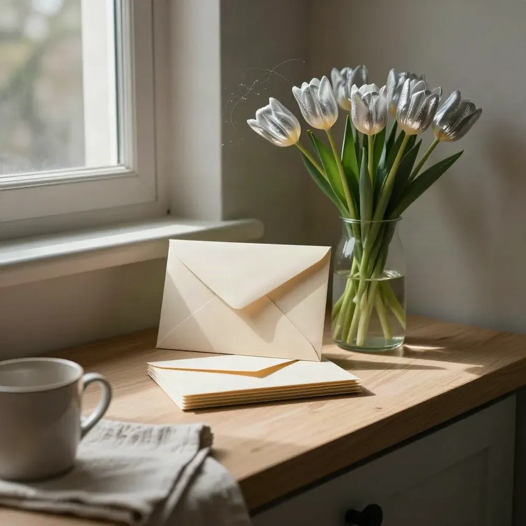 Quiet kitchen nook with loan envelope stack and tulips in warm afternoon light