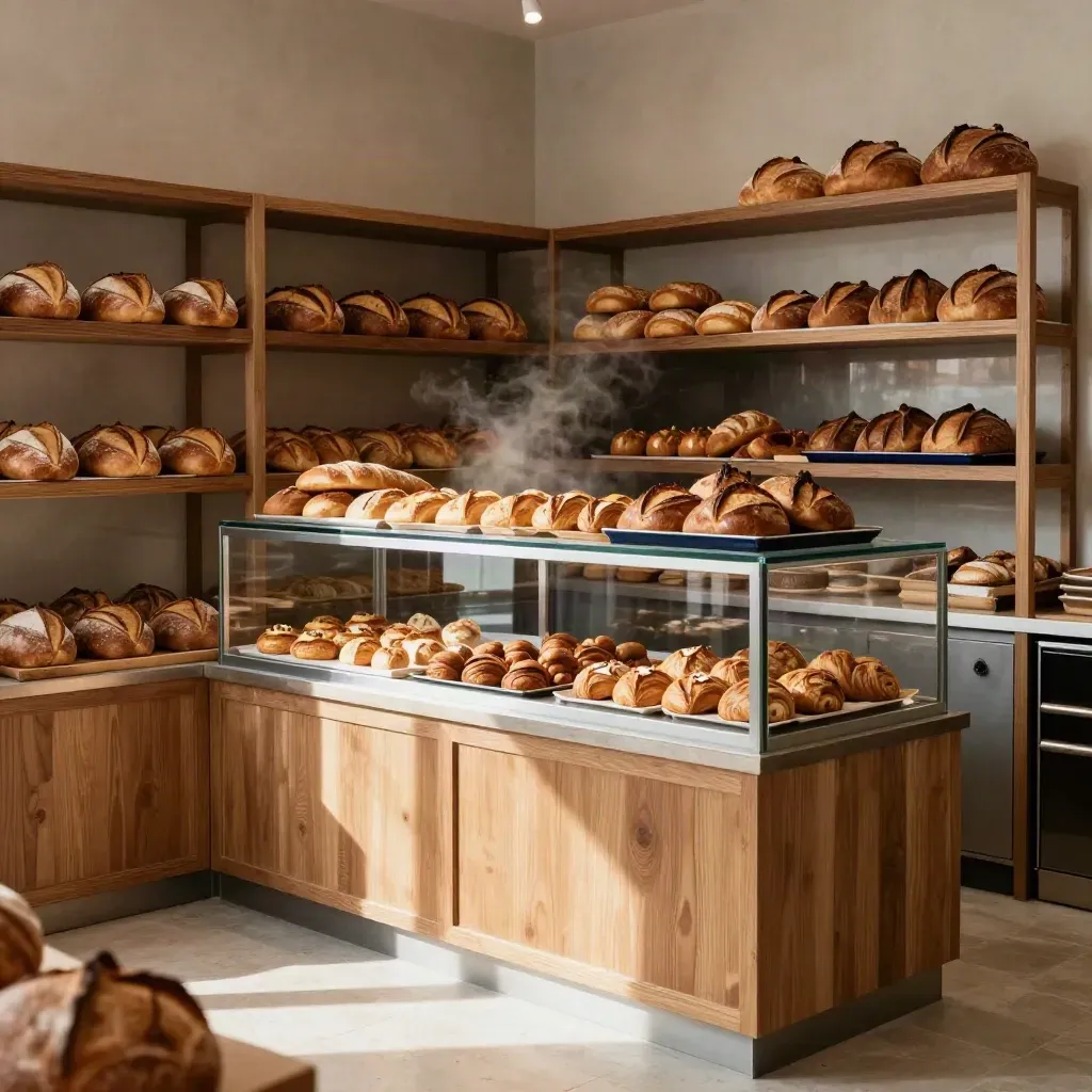 Freshly stocked bakery interior with oak shelving, display case and warm loaves ready to open.
