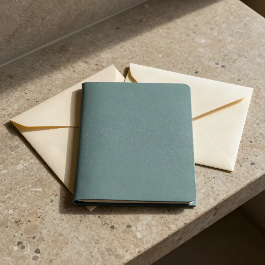 Top-down payment folder between three folded debt envelopes on a travertine console, hard shadow.