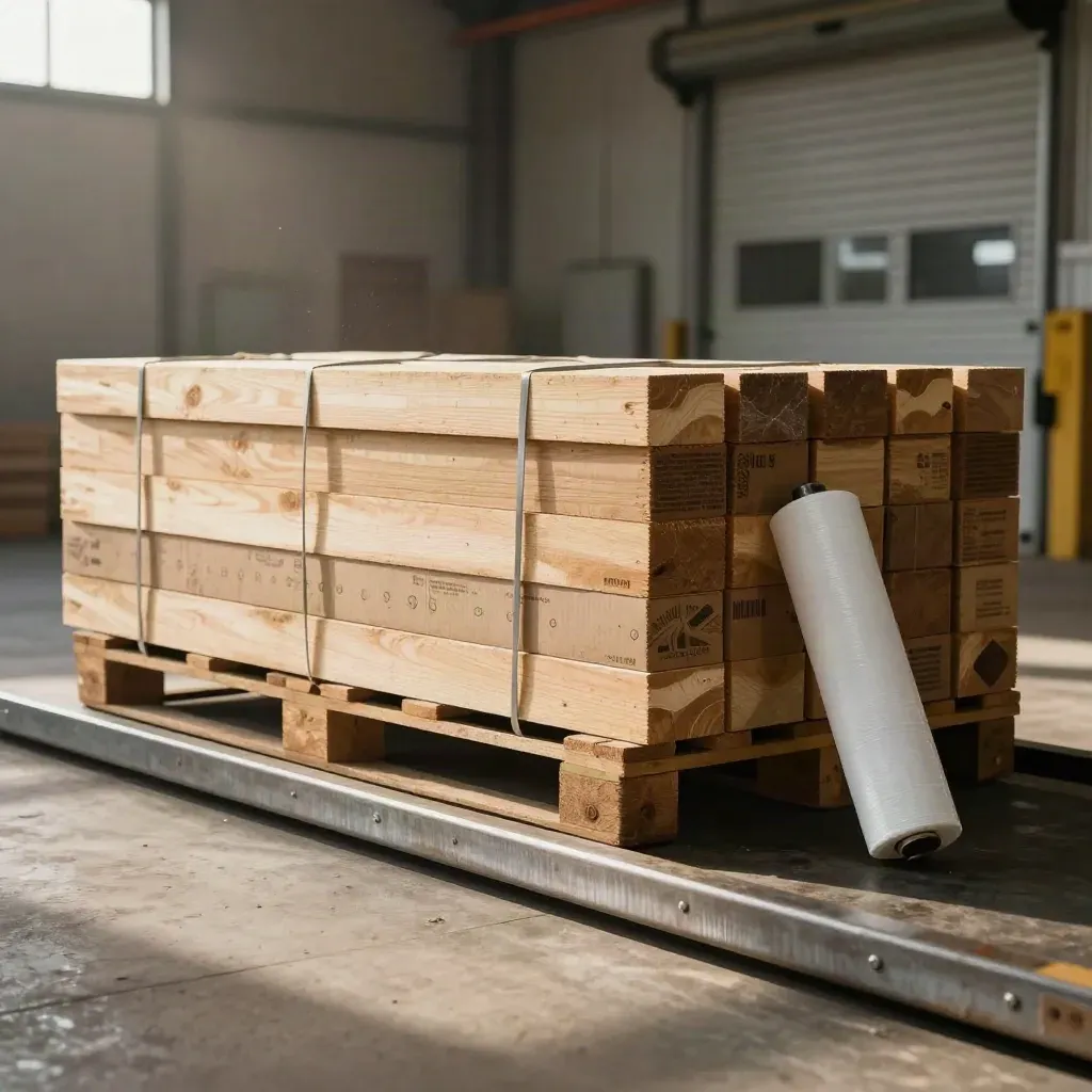 Warehouse loading bay with stacked timber, sealed cartons and a white wrap roll.