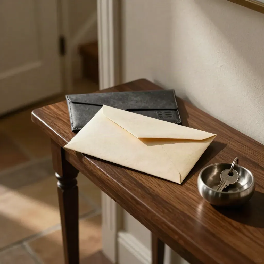 Hallway console with sealed envelope, closed file wallet and silver key bowl in moody light.