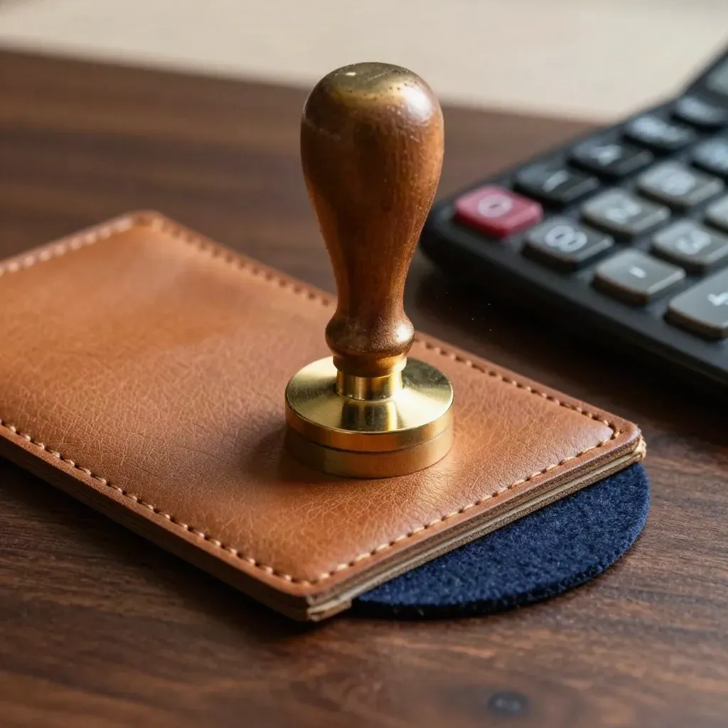 Brass approval stamp, calculator, and leather card sleeve on walnut under soft studio light.