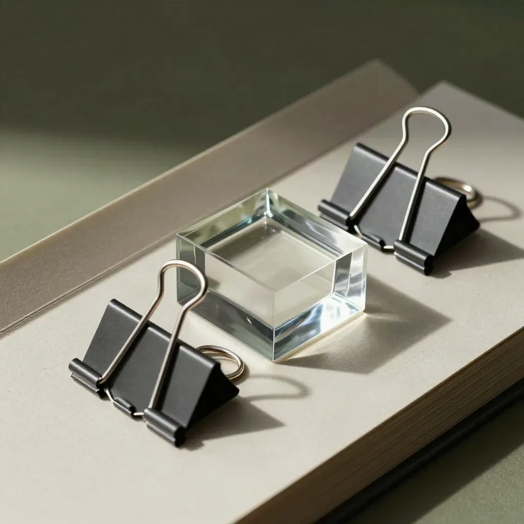 Binder clips, glass paperweight and divider on pale plaster, lit from upper left.