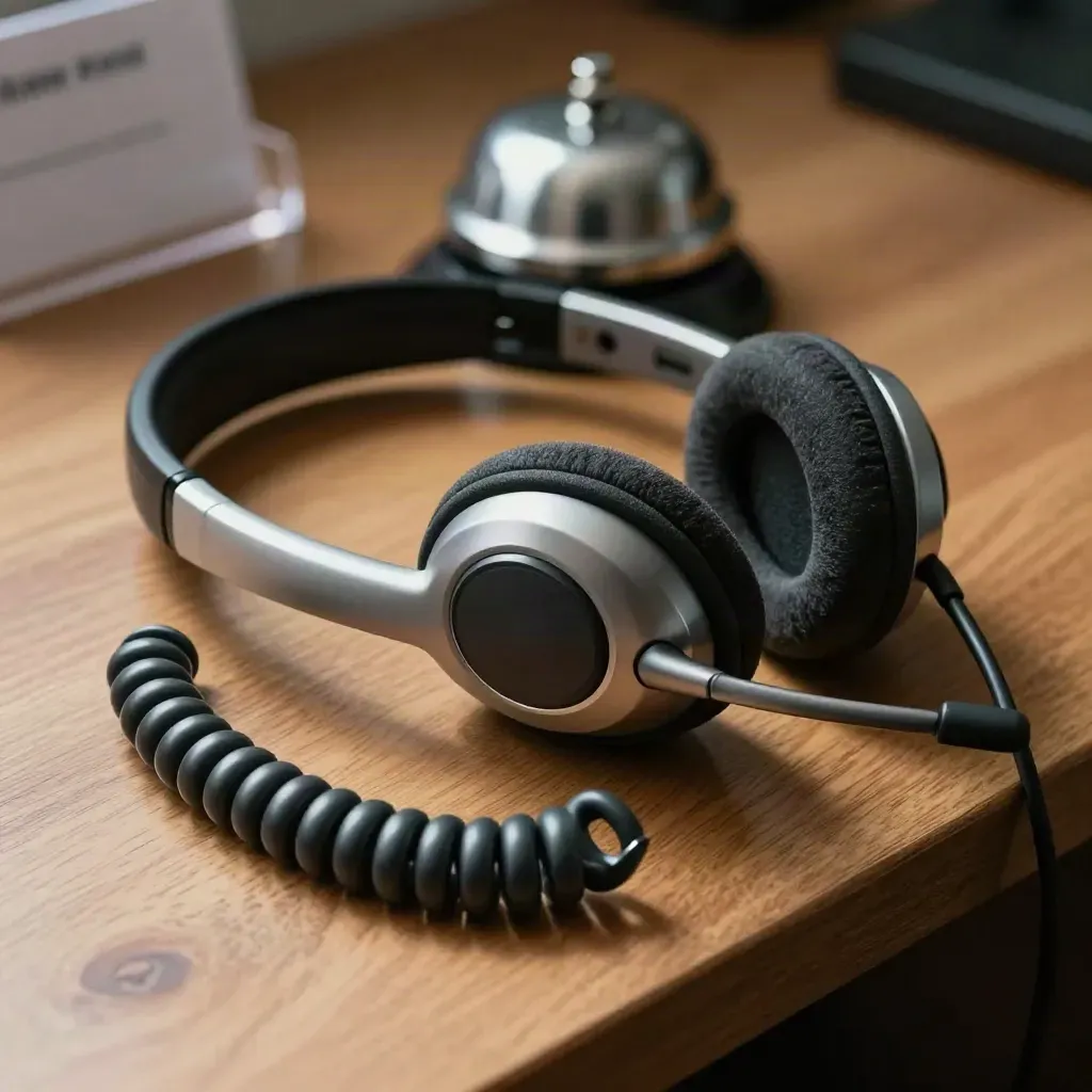 Extreme macro of a headset, coiled cable and call bell on brushed oak under soft side light