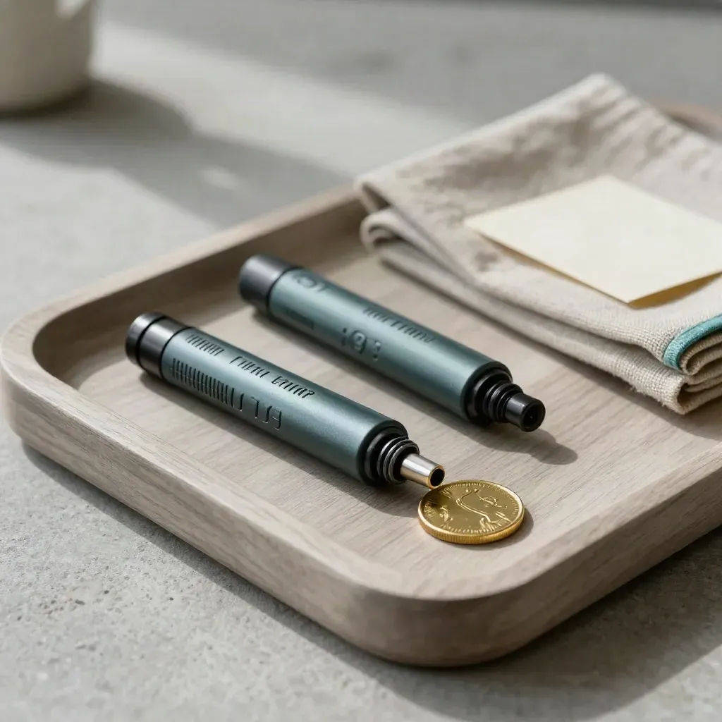 Three payment markers on an ash tray with a brass token and folded linen cloth